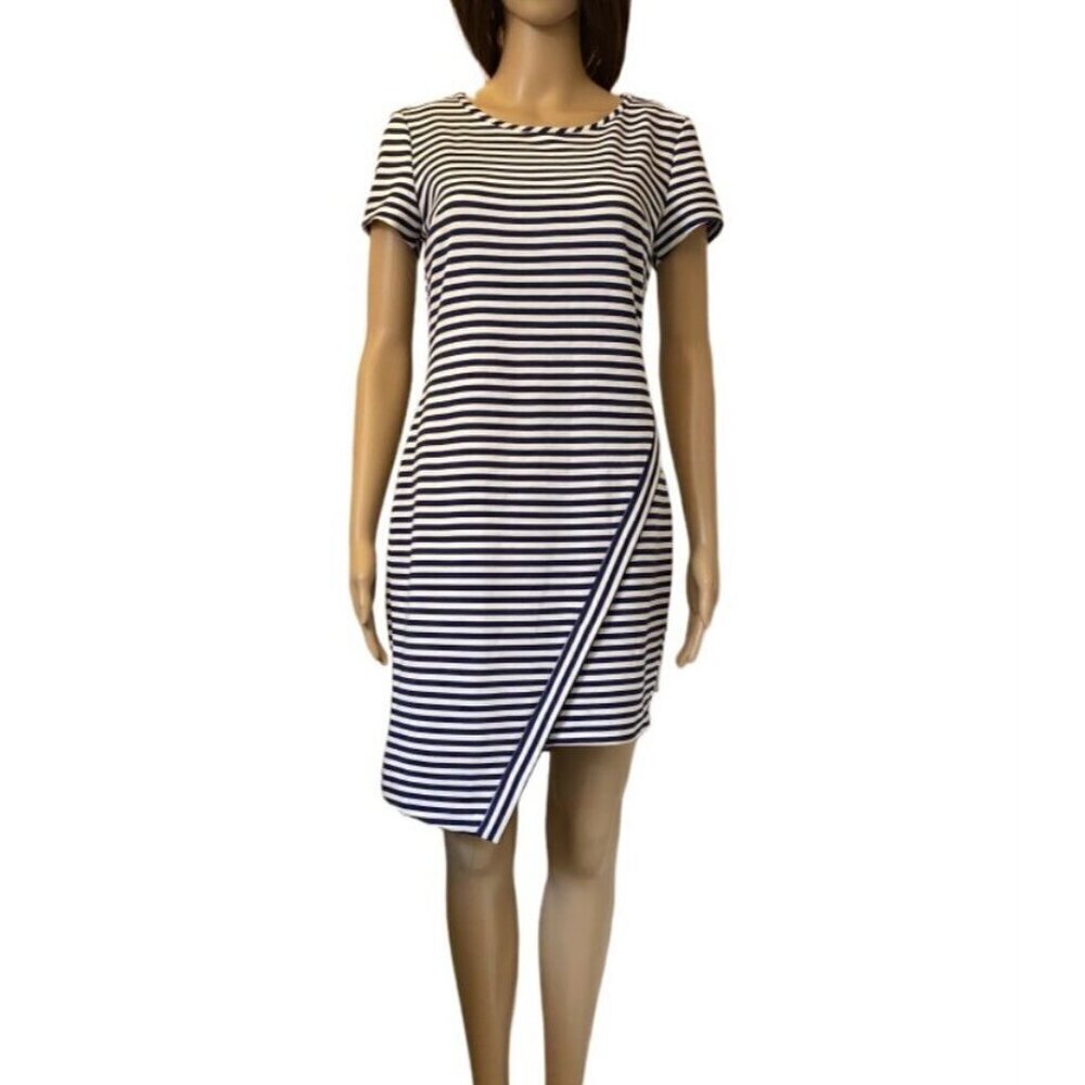 Beige by eci Women's Asymmetrical Dress Size S Navy White Short Sleeves Stripes